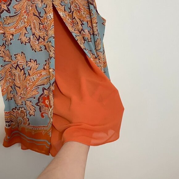 ROSE + OLIVE Orange Blue Paisley Geo Split Back Sleeveless Boho Tank Top Blouse - Picture 12 of 16